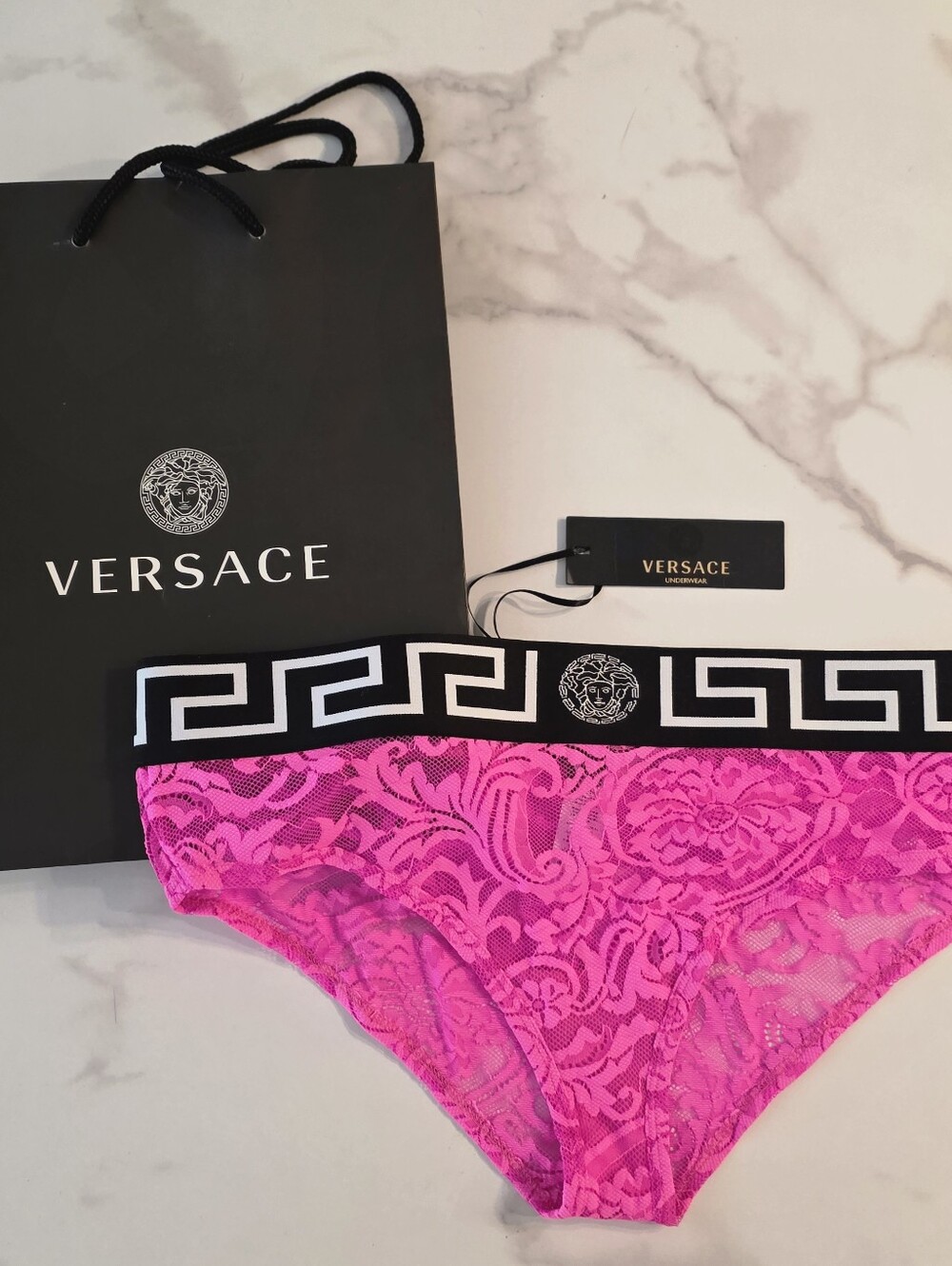 Versace Women's Pink Lace Logo-Trim Hipster Brief (D-1)